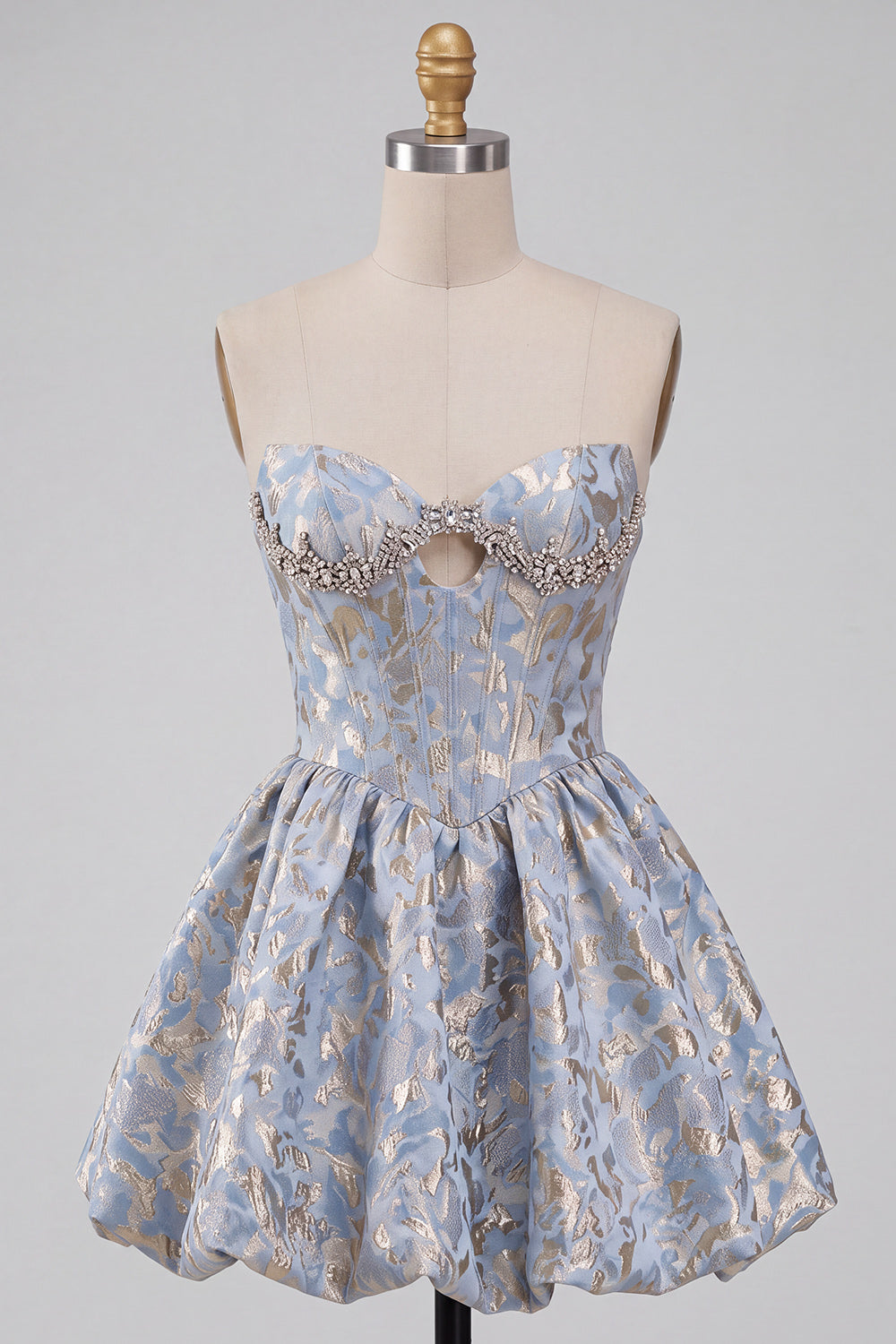 Light Blue Jacquard A Line Short Corset Homecoming Dress with Rhinestones