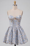 Light Blue Jacquard A Line Short Corset Homecoming Dress with Rhinestones