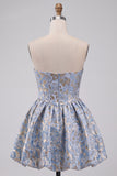 Light Blue Jacquard A Line Short Corset Homecoming Dress with Rhinestones