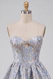 Light Blue Jacquard A Line Short Corset Homecoming Dress with Rhinestones