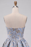 Light Blue Jacquard A Line Short Corset Homecoming Dress with Rhinestones