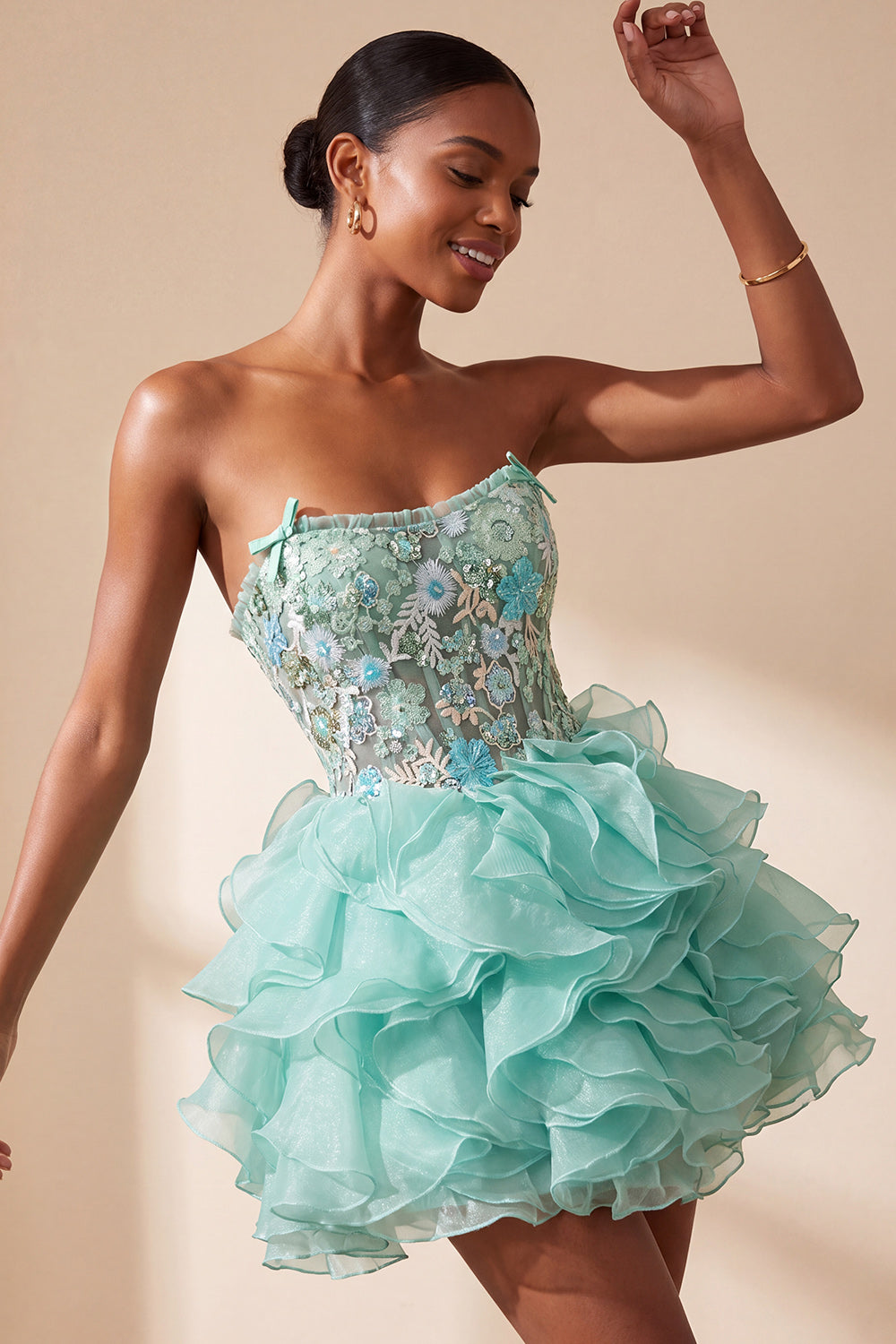 Mint Green Floral Embroidered Ruffled A Line Short Corset Homecoming Dress