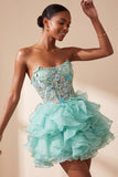 Mint Green Floral Embroidered Ruffled A Line Short Corset Homecoming Dress