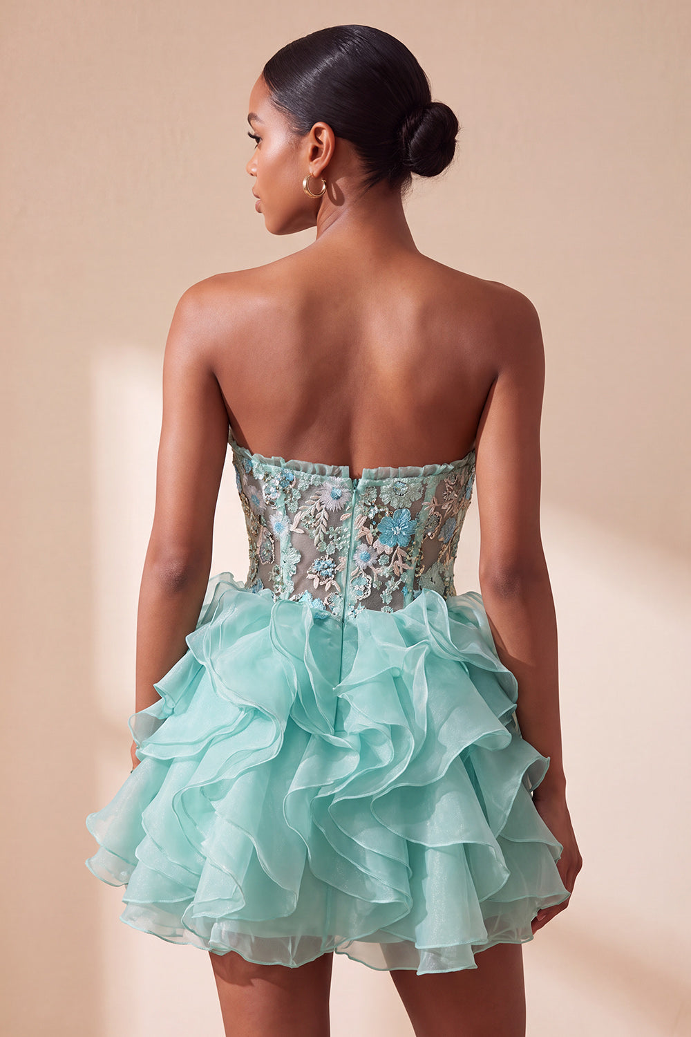 Mint Green Floral Embroidered Ruffled A Line Short Corset Homecoming Dress
