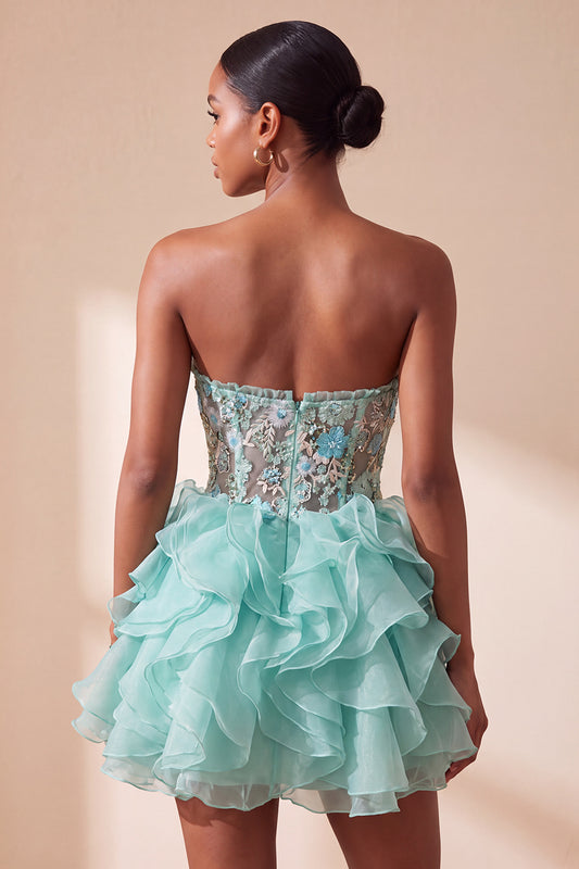 Mint Green Floral Embroidered Ruffled A Line Short Corset Homecoming Dress