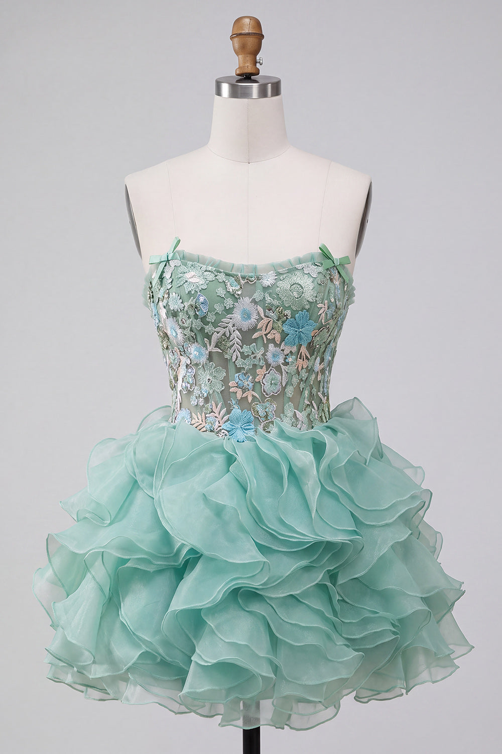 Mint Green Floral Embroidered Ruffled A Line Short Corset Homecoming Dress
