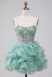 Mint Green Floral Embroidered Ruffled A Line Short Corset Homecoming Dress