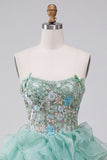 Mint Green Floral Embroidered Ruffled A Line Short Corset Homecoming Dress
