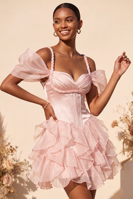 Pink Ruffled Cold Shoulder A Line Short Corset Homecoming Dress