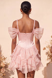 Pink Ruffled Cold Shoulder A Line Short Corset Homecoming Dress