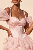 Pink Ruffled Cold Shoulder A Line Short Corset Homecoming Dress