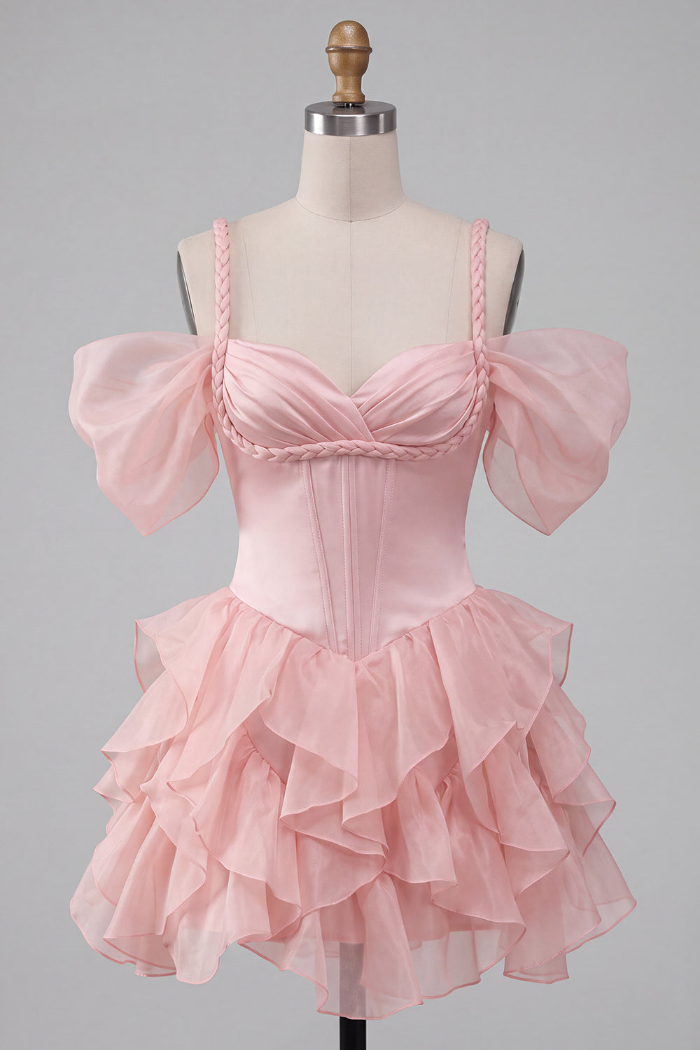Pink Ruffled Cold Shoulder A Line Short Corset Homecoming Dress