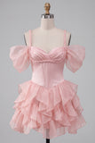Pink Ruffled Cold Shoulder A Line Short Corset Homecoming Dress