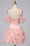Pink Ruffled Cold Shoulder A Line Short Corset Homecoming Dress