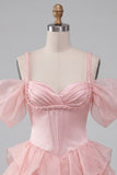 Pink Ruffled Cold Shoulder A Line Short Corset Homecoming Dress