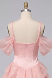 Pink Ruffled Cold Shoulder A Line Short Corset Homecoming Dress
