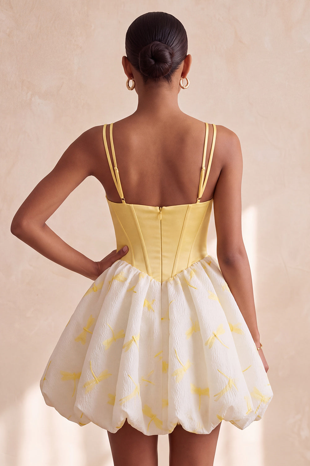 Yellow Dragonfly Printed Bubble A Line Short Corset Homecoming Dress