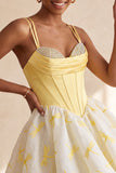 Yellow Dragonfly Printed Bubble A Line Short Corset Homecoming Dress