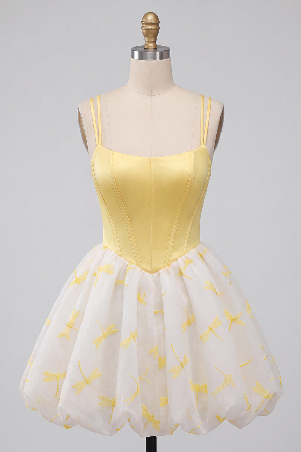 Yellow Dragonfly Printed Bubble A Line Short Corset Homecoming Dress