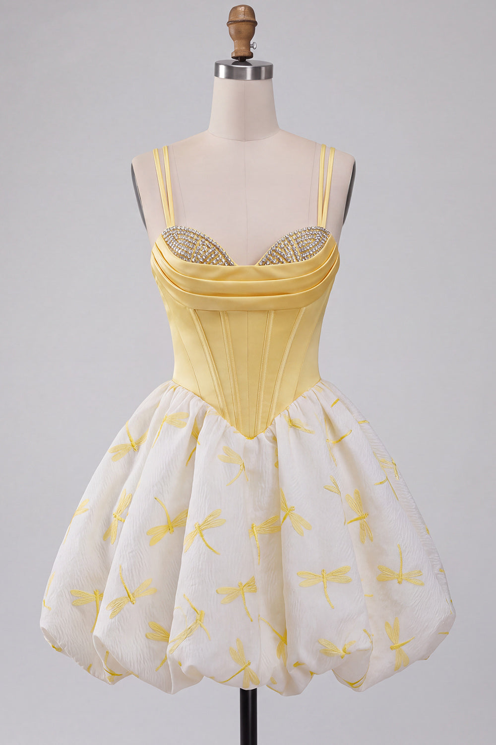 Yellow Dragonfly Printed Bubble A Line Beaded Short Corset Homecoming Dress