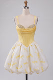 Yellow Dragonfly Printed Bubble A Line Beaded Short Corset Homecoming Dress