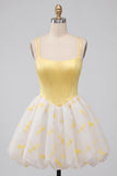 Yellow Dragonfly Printed Bubble A Line Short Corset Homecoming Dress