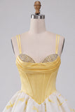 Yellow Dragonfly Printed Bubble A Line Beaded Short Corset Homecoming Dress