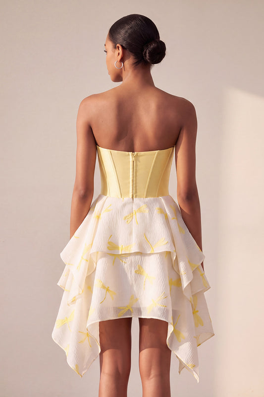 Yellow Dragonfly Printed Sweetheart Beaded Short Corset Homecoming Dress