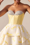 Yellow Dragonfly Printed Sweetheart A Line Short Corset Homecoming Dress