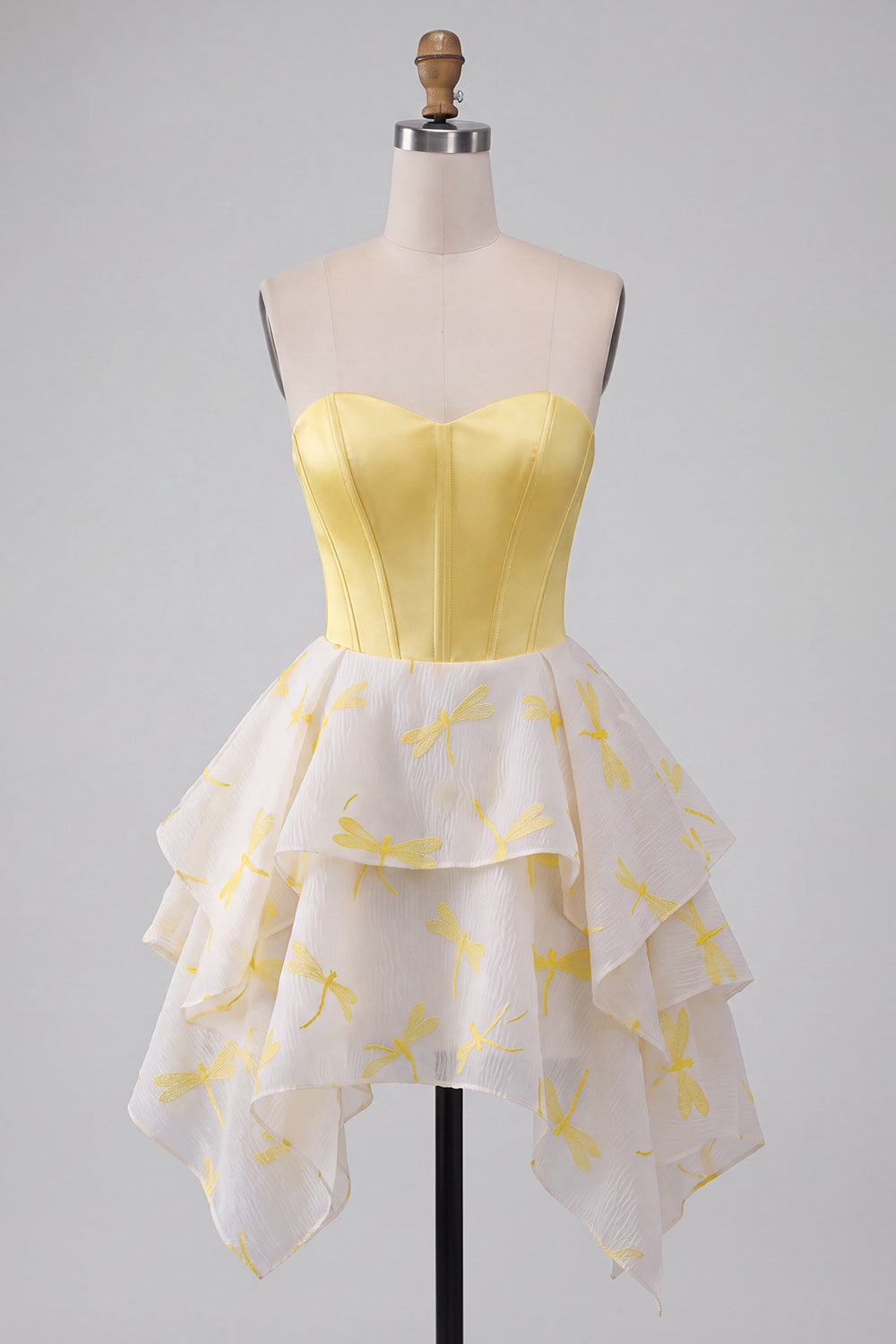 Yellow Dragonfly Printed Sweetheart A Line Short Corset Homecoming Dress
