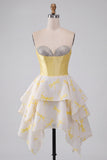 Yellow Dragonfly Printed Sweetheart Beaded Short Corset Homecoming Dress