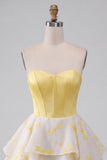 Yellow Dragonfly Printed Sweetheart A Line Short Corset Homecoming Dress