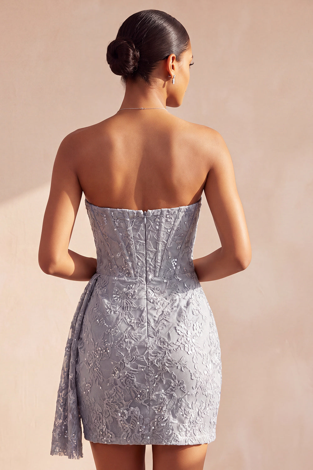 Grey Blue Lace Strapless Ruched Short Corset Homecoming Dress