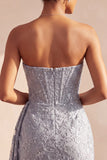 Grey Blue Lace Strapless Ruched Short Corset Homecoming Dress