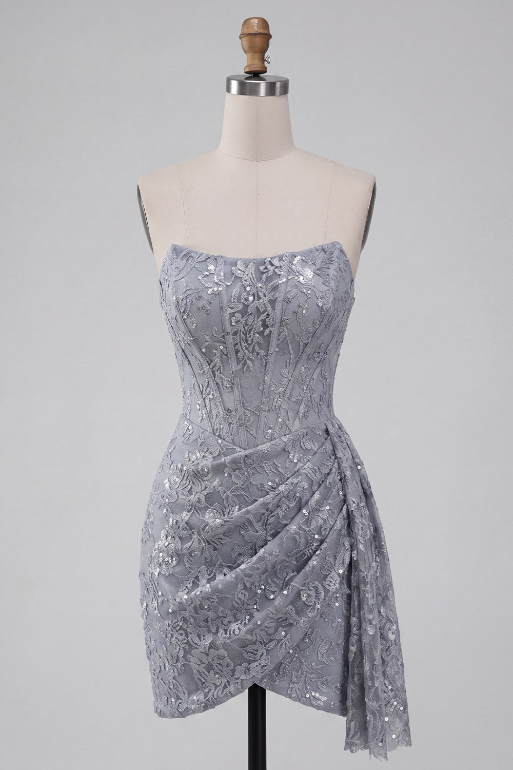 Grey Blue Lace Strapless Ruched Short Corset Homecoming Dress