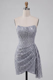 Grey Blue Lace Strapless Ruched Short Corset Homecoming Dress