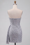 Grey Blue Lace Strapless Ruched Short Corset Homecoming Dress