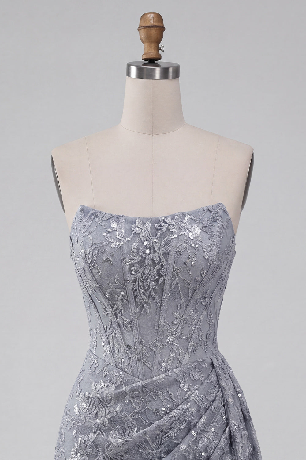 Grey Blue Lace Strapless Ruched Short Corset Homecoming Dress