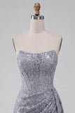 Grey Blue Lace Strapless Ruched Short Corset Homecoming Dress
