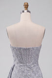 Grey Blue Lace Strapless Ruched Short Corset Homecoming Dress