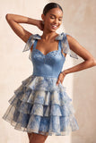 Grey Blue Printed Tiered Ruffled A Line Beaded Short Homecoming Dress with Bows