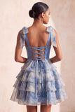 Grey Blue Printed Tiered Ruffled A Line Beaded Short Homecoming Dress with Bows