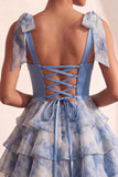 Grey Blue Printed Tiered Ruffled A Line Beaded Short Homecoming Dress with Bows