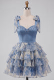 Grey Blue Printed Tiered Ruffled A Line Beaded Short Homecoming Dress with Bows