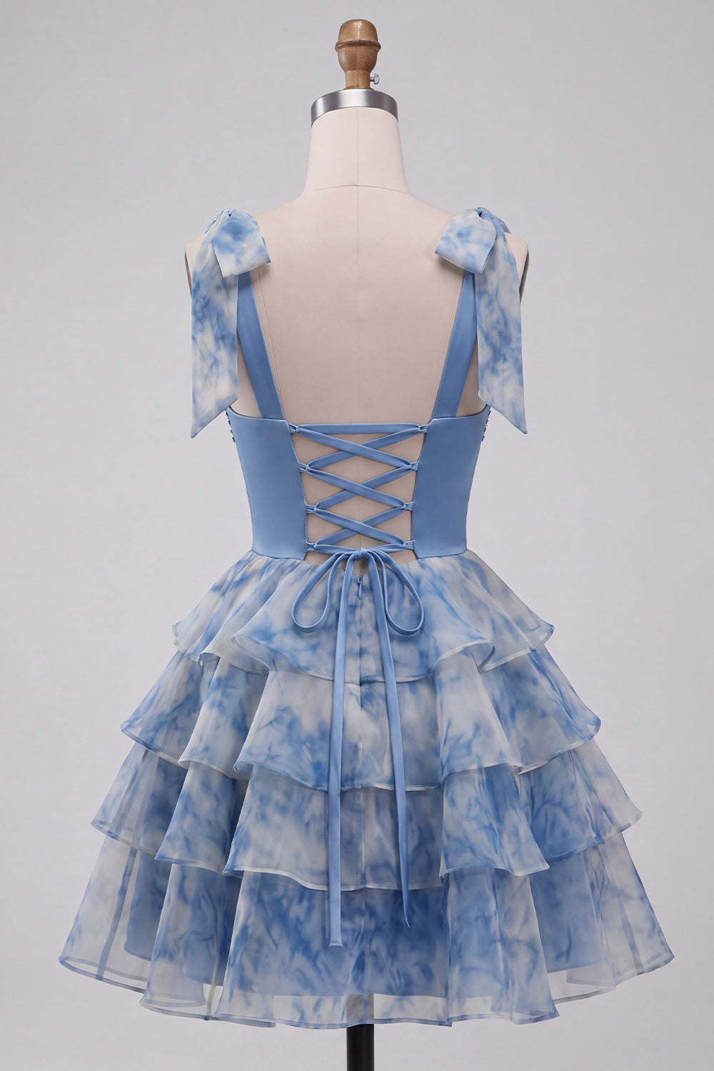 Grey Blue Printed Tiered Ruffled A Line Beaded Short Homecoming Dress with Bows