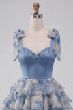 Grey Blue Printed Tiered Ruffled A Line Beaded Short Homecoming Dress with Bows