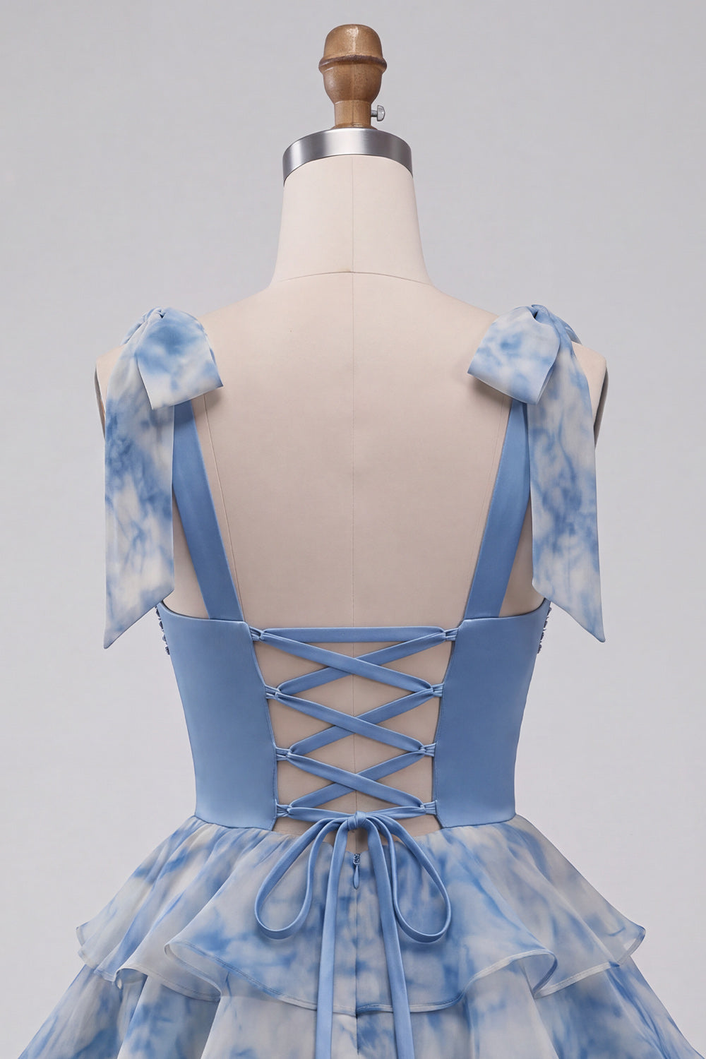 Grey Blue Printed Tiered Ruffled A Line Beaded Short Homecoming Dress with Bows