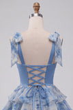 Grey Blue Printed Tiered Ruffled A Line Beaded Short Homecoming Dress with Bows
