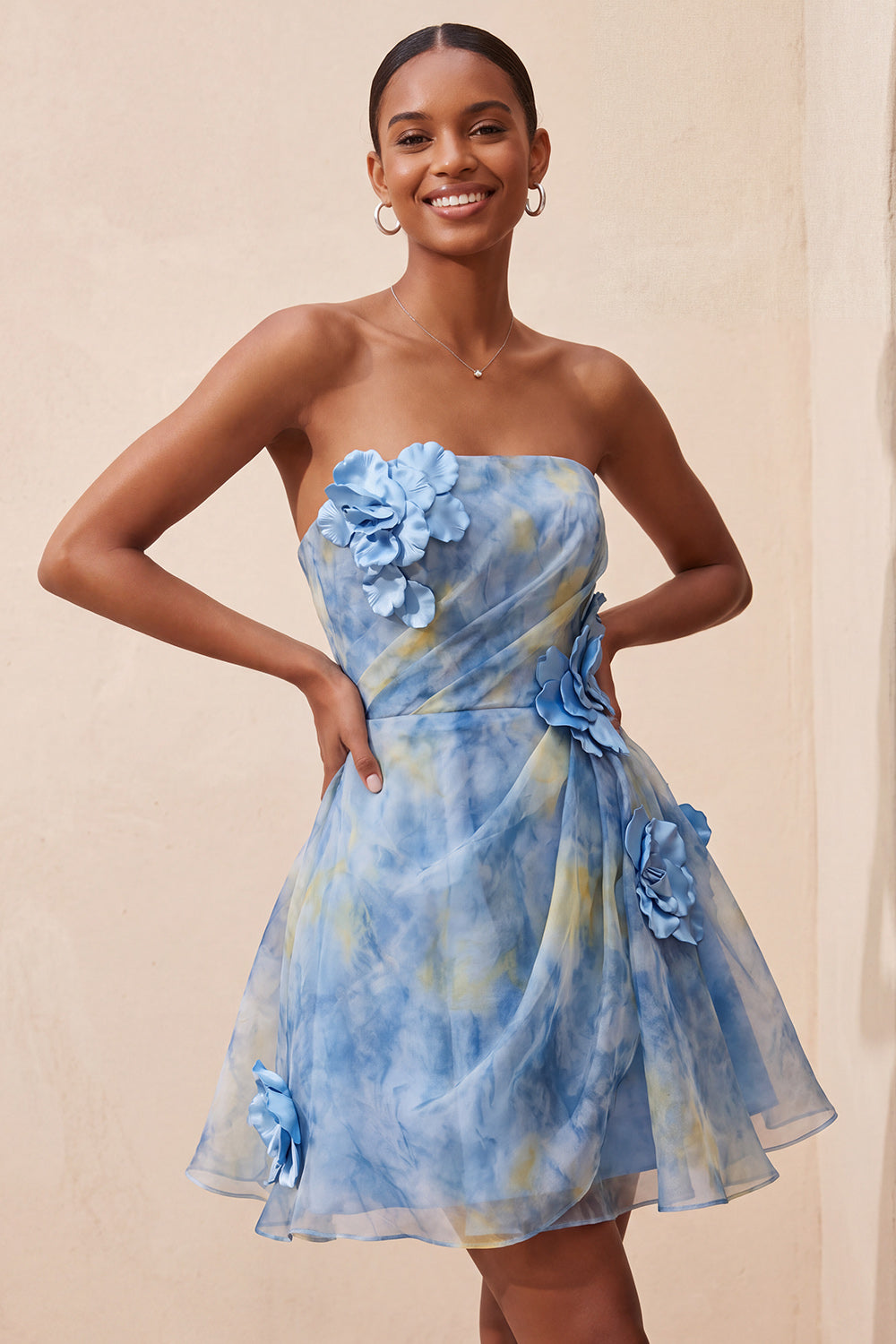 Grey Blue A-Line Strapless Ruched Short Homecoming Dress with 3D Flower