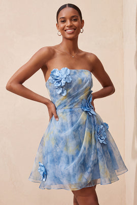 Grey Blue A-Line Strapless Ruched Short Homecoming Dress with 3D Flower